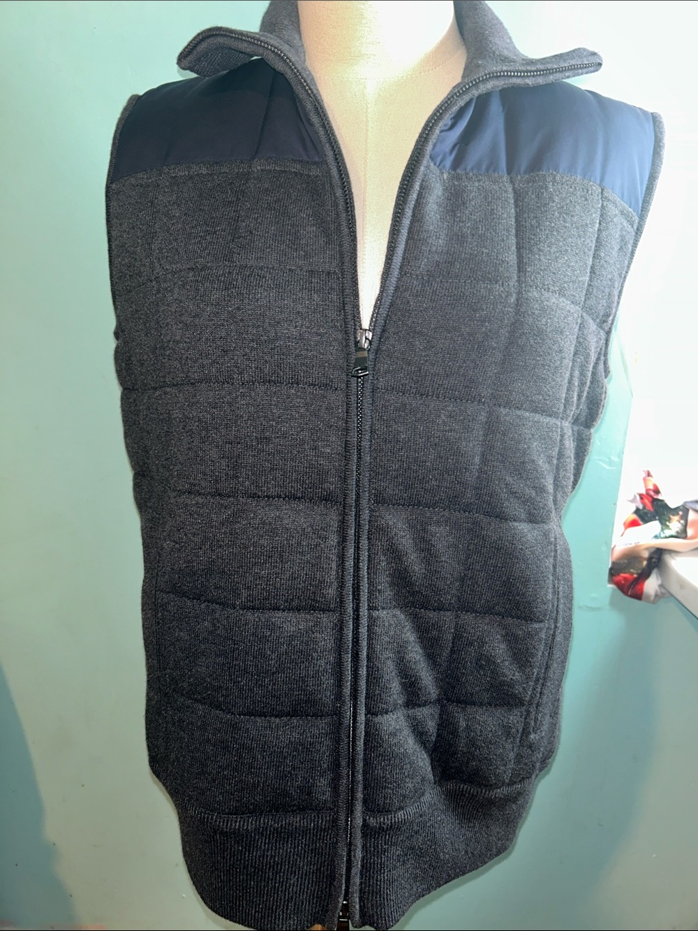 Banana Republic Charcoal Quilted Vest with Navy Shoulder Panels